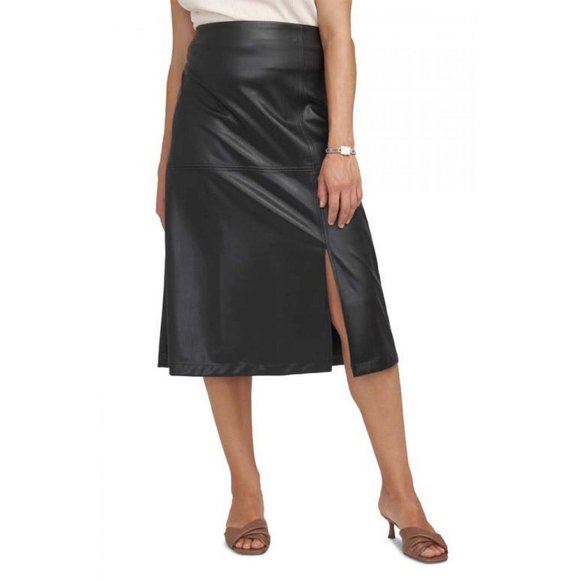 NWT Anne Klein Front Slit Faux Leather Midi Skirt 10855509 4 Black - Picture 1 of 5